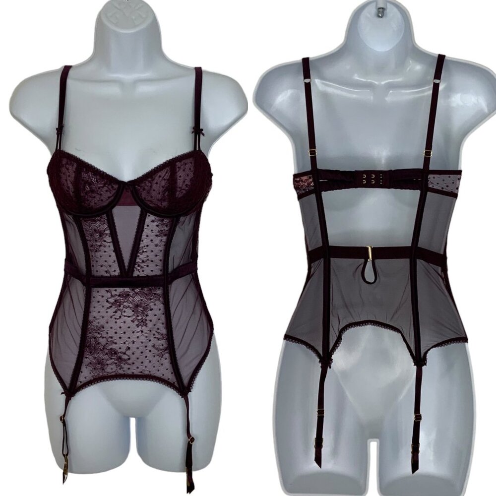 Victoria's Secret Lace Bustier Bra XS Burgundy Suspender Clips NEW